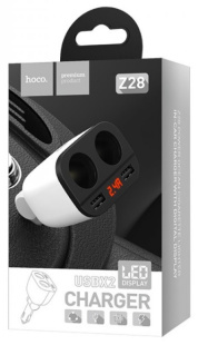 Разветвитель в прикуриватель 2USB2.0+вольтметр+разветвитель 2 разъема, белый HOCO Z28 1967 фото 132172