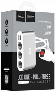 Разветвитель в прикуриватель 3 гнезда+вольтметр+2USB2.0, кабель 0,55м, серебристый HOCO Z13 0896 фото 132174