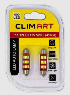 Лампа автомобильная светодиодная Clim Art T11 12LED 12V SV8.5 (C5W/41mm)/к-т 2 шт.CLA00508 фото 126002