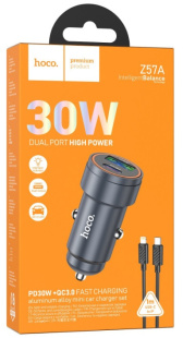 Адаптер в прикурив-ль PD30W+USB3.0 Quick Charge+кабель Lighting USB/Iphone, метал-к HOCO Z57A 3123 фото 132173