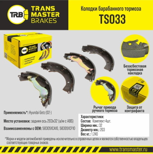 Колодки барабаные зад. TS033 \89769\583051CA10\TRANSMASTER   Hyundai Getz (Size 8")  (TRW. GS8707) фото 128905