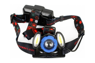 Фонарь налобный аккум. E1334 (3,7В, синий/черный, 4Ватт, фокус, 2 ак 3 реж, метал, бокс) Ultraflash  фото 130741