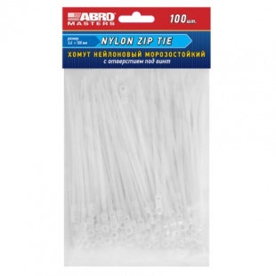 Хомут нейлоновый белый с отверстием под винт (3,6 мм х 100 мм х 100 шт) ABRO MASTERS фото 122146